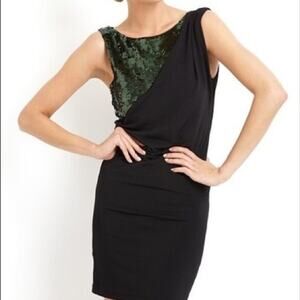 La Cite Stretchy Sleeveless Black Dress with Green Sequin Top Mini Dress XS